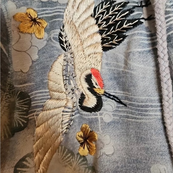 RARE*LUCKY BRAND Y2K Sweatshirt Hoodie RAISED ASIAN EMBROIDERY CRANES*FLORAL*SM - Picture 3 of 3